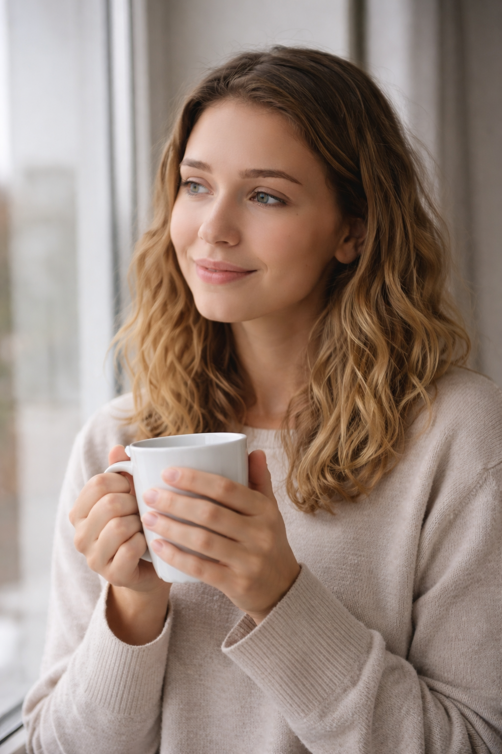 Mulher com caneca à janela Mulher com caneca à janela